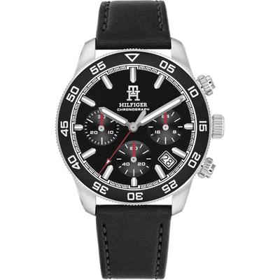 Chronograph TOMMY HILFIGER "TH85 CHRONOGRAPH", schwarz, Armbanduhren, Herren, Chronograph, Quarzuhr, Armbanduhr, Herrenuhr, Lederarmband, analog, Tag