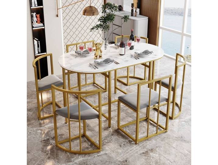 Ensemble de table à six chaises: Table blanche Doré Structure en fer doré) Chaises avec dossier et rembourrage gris