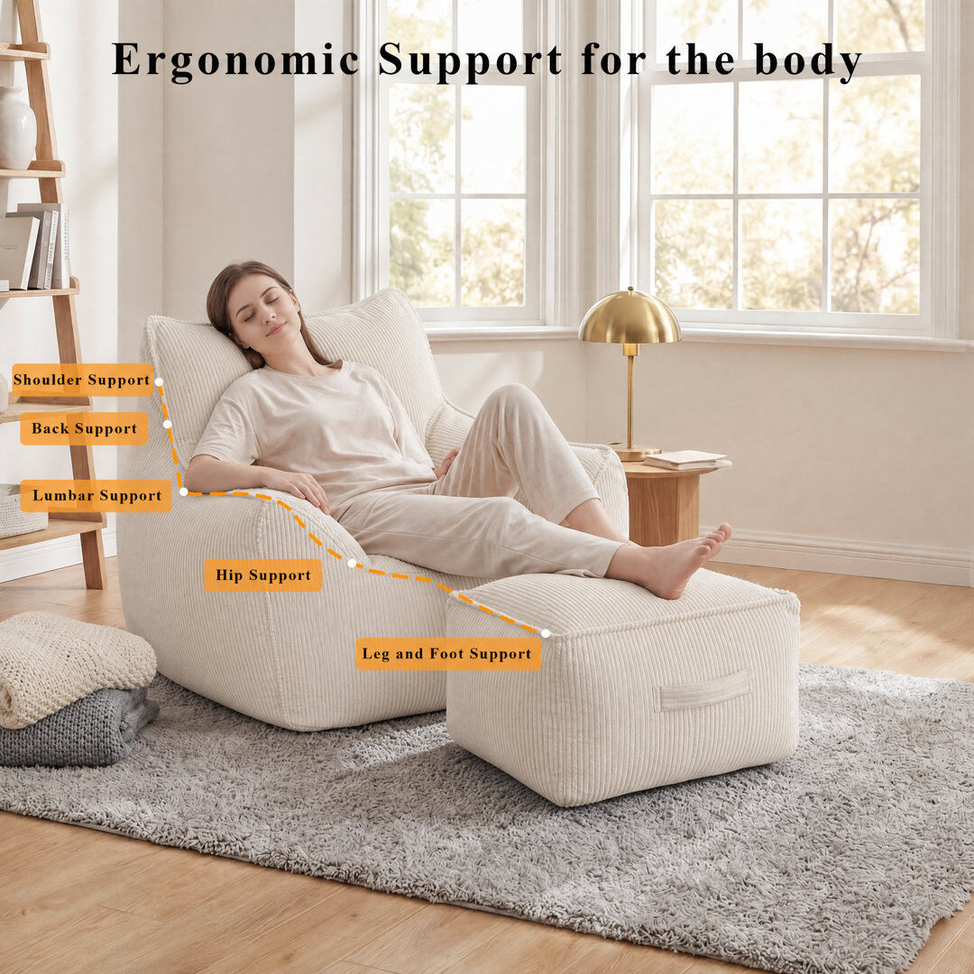 17 Stories Large 320gsm Corduroy Bean Bag Lounger - Ergonomic 22kg Foam Support Floor Sofa - OEKO-TEX Beige Medium