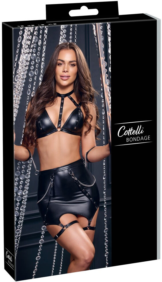 Cottelli BONDAGE Ensemble porte-jarretelles mini-jupe et menottes en tissu noir mat