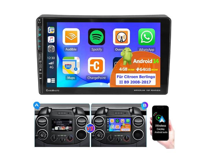 ESSGOO DAB+ Android 14 Autoradio Für Citroen Berlingo Peugeot Partner Type-C Autoradio (DAB (optional), DAB+ (optional), 4+64GB(optional), RDS, AM, FM, Carplay Android Auto Bluetooth EQ USB GPS Navi WIFI Touchscreen)