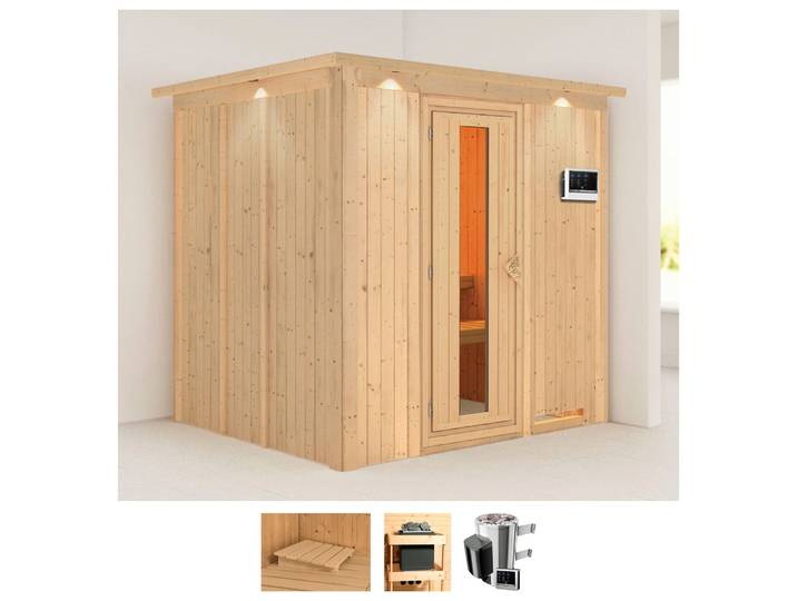 Sauna KARIBU Dima , beige (naturbelassen), Saunaofen, externe Steuerung, 3,6 kW, Saunen, Sauna, Ofen 3,6 kW externe Strg.easy