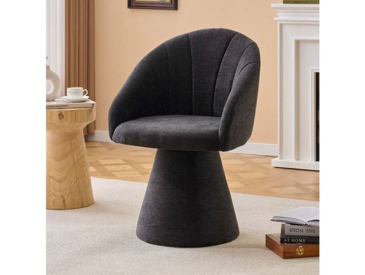 Chaise pivotante 360° en chenille grise avec dossier arrondi accoudoirs intégrés et base conique