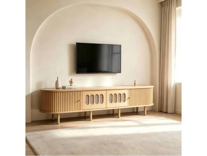 Meuble TV ovale bois naturel avec cannage rotin portes coulissantes et rangements meuble télé style vintage
