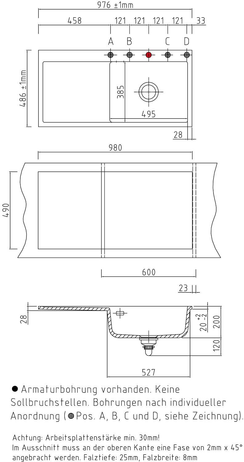 Systemceram Keradomo Mera 100 SL/ F Spüle rechts für flächenbündigen Einbau mit Handbetätigung, inkl. Armaturbohrung, Küchenspülen, 556401-20, satin