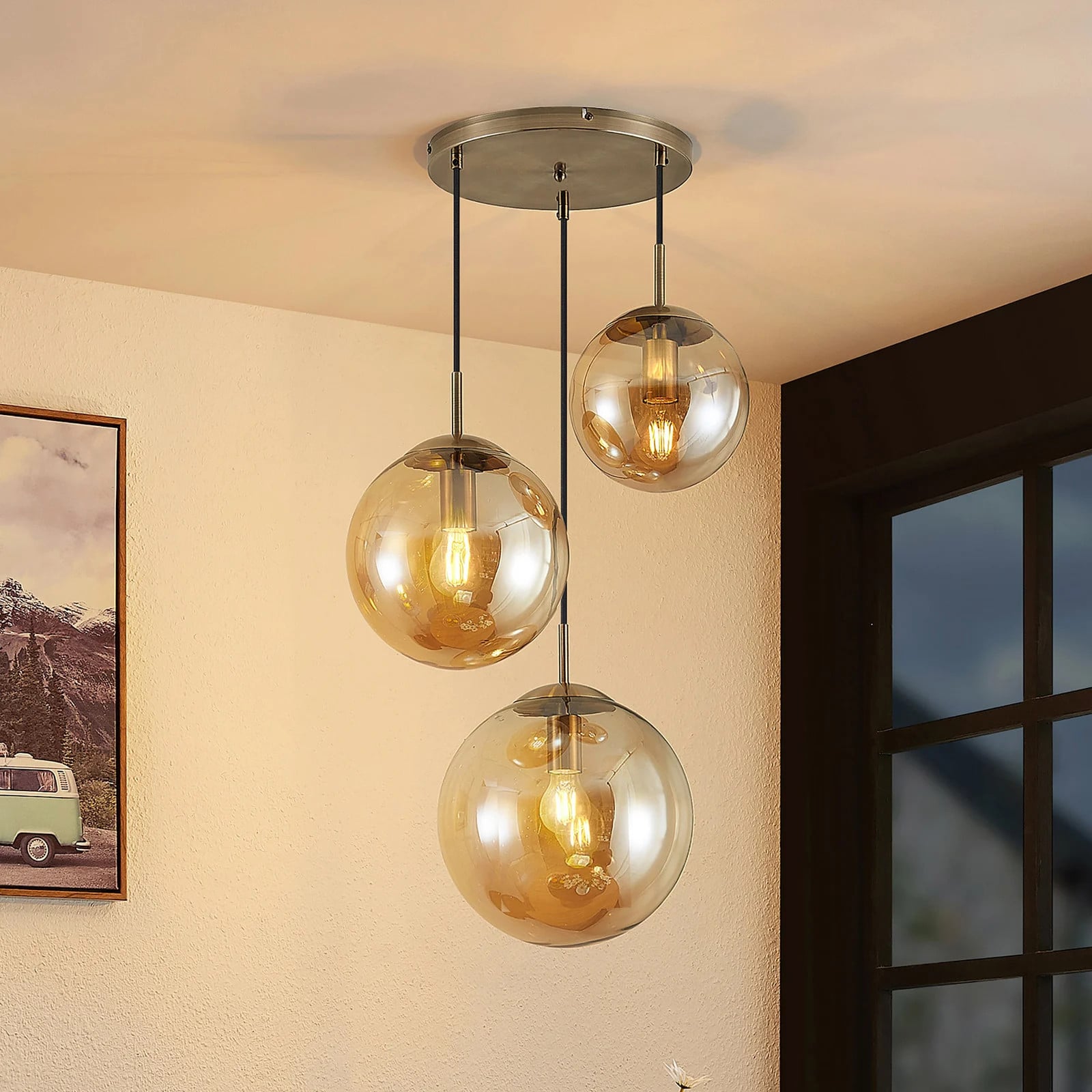 Lindby Teeja 3 Cluster Hanglamp - Amber en Beige - Modern Glas - Dimbaar