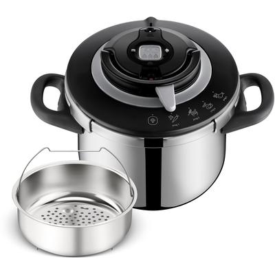Schnellkochtopf TEFAL "Clipso+ CHEF, 6 Liter Dampfkochtopf", grau (edelstahl), B:29cm H:22,7cm L:36cm, Töpfe, Schnellkochtopf, 4 Kochprogramme, 6 Sicherheitsstufen, abnehmbarer Timer