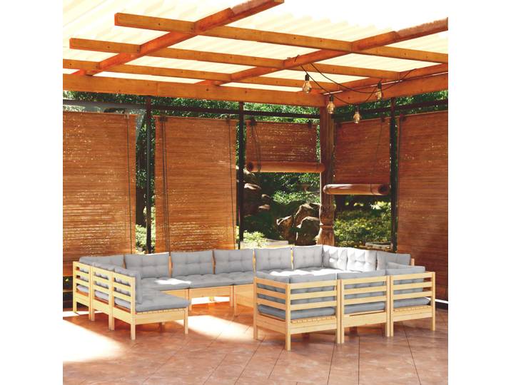 vidaXL 14-tlg. Garten-Lounge-Set mit Grauen Kissen Kiefernholz