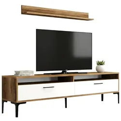 Dmora Wohnzimmermöbel Dkatseri, Modulares Wohnzimmerset, Mehrzweck-Wohnzimmermöbel, Moderner TV-Schrank, 180x35h47 cm, Walnuss und Weiß