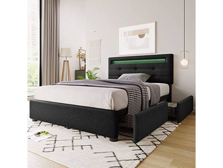 BTM Smartes LED-Bett mit 2 Schubladen Einzelbett 90x200cm, höhenverstellbares Kopfteil & Holzlattenrost Modernes Polsterbett in Schwarz