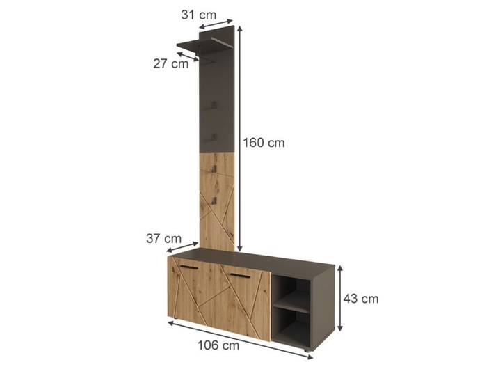 Vestiaire Irma 106x43cm Ensemble avec armoire à chaussures et panneau de vestiaire Anthracite/Chêne Artisan Vicco 59623