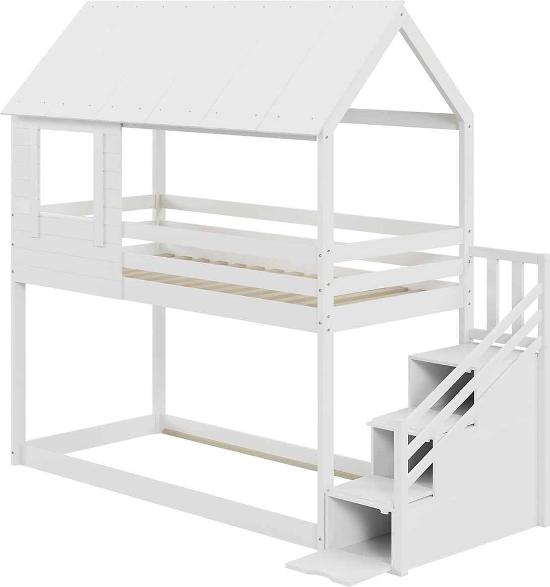 Kinderbett,Holz-Etagenbett(weiß)Dachkonstruktion,Sicherheitstreppe mit mehreren Ablagefächern, Lattenrost, Einzelbett, Etagebett