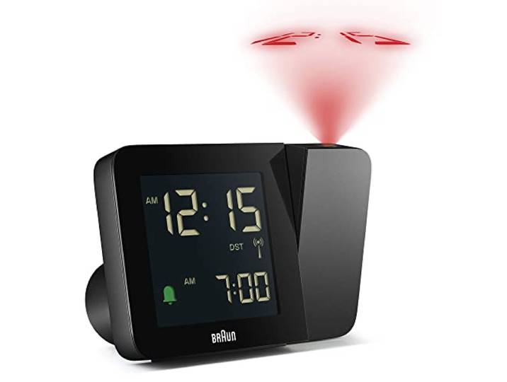 Braun Digital Radio Controlled Projection Alarm Clock For Central European Time Zone (DCF) with 4 Backlight options, Negative LCD Display, Quick Set, Beep Alarm in Black, model BC15B-DCF