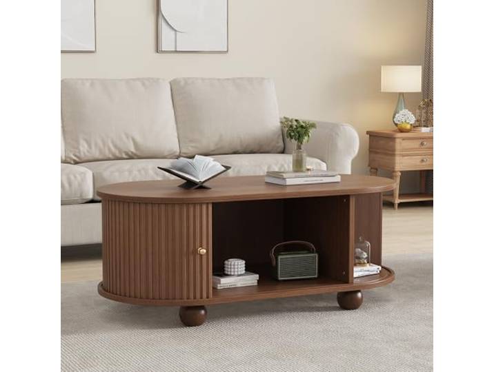 Merax Couchtisch Ovaler, Modern Kaffeetisch mit Schiebetüren, Wohnzimmertisch mit Viel Stauraum, Multifunktionaler Beistelltisch Sofatisch, Platzsparendes, Landhausstil, Wohnzimmermöbel, Walnussfarbe