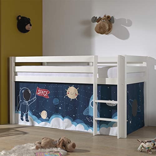 Vipack halfhoog bed PINO met textielset Ruimteschip, massief beuken, wit gelakt, B/D/H: 90 x 200 cm