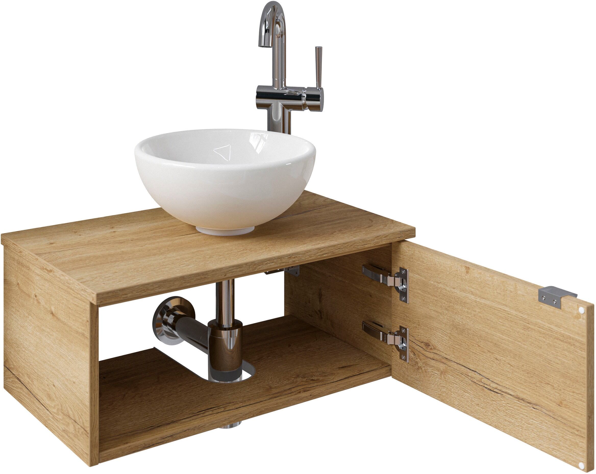Waschtisch SAPHIR "Serie 6915 Waschschale mit Unterschrank für Gästebad, Gäste WC", braun (halifax eiche, halifax eiche, halifax eiche quer nb), B:61cm H:39,8cm T:35cm, Waschtische, Waschtisch, 61 cm breit, 1 Tür, offenes Fach, kleine Bäder, ohne Armatur
