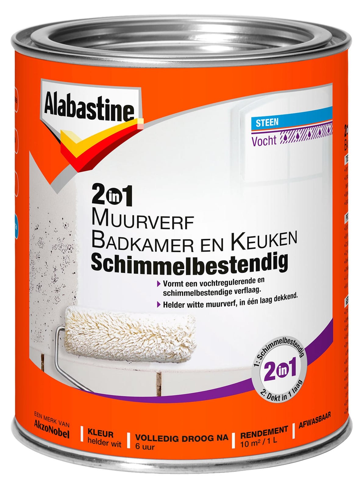 Alabastine 2-in-1 Muurverf voor Badkamer en Keuken, Schimmelbestendig, Wit, 1 l