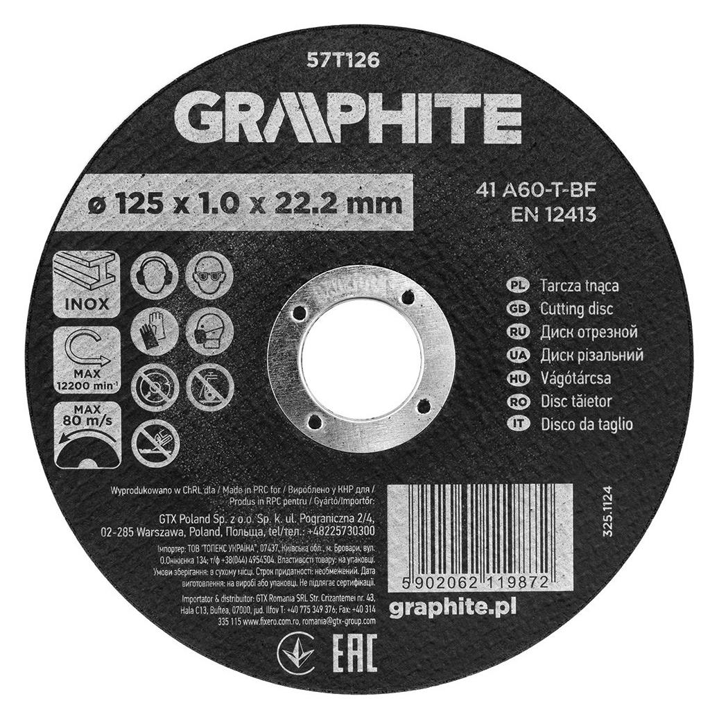 Graphite Tarcza tnąca, korundowa do metalu/INOX 125 x 1.0 x 22.2 mm, 41 A60-T-BF, kartonik 110 sztuk (57T126)