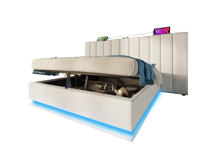 Okwish Polsterbett 180/200 cm Weiß Stauraumbett mit App Control LED und Usb-C, Kunststoff, 180x200 cm, Schlafzimmer, Betten, Polsterbetten