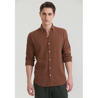 Langarmhemd FELIX HARDY "Basic Hemd", Herren, Gr. M, Normalgrößen, braun, 65% Baumwolle, 35% Leinen, Hemden
