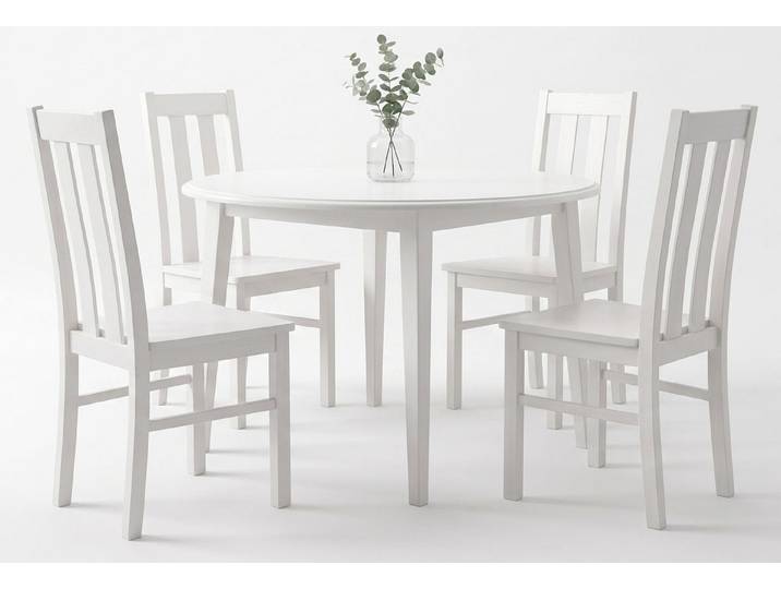 Feldmann-Wohnen Essgruppe Belluno Elegante, (einzigartige Holzmaserung, Tischplatte rund, mit Stühlen, 5-tlg., moderne Optik, Tischplatte rund, mit Stühlen), 90x90x74,5cm Massivholz Kiefer Weiß