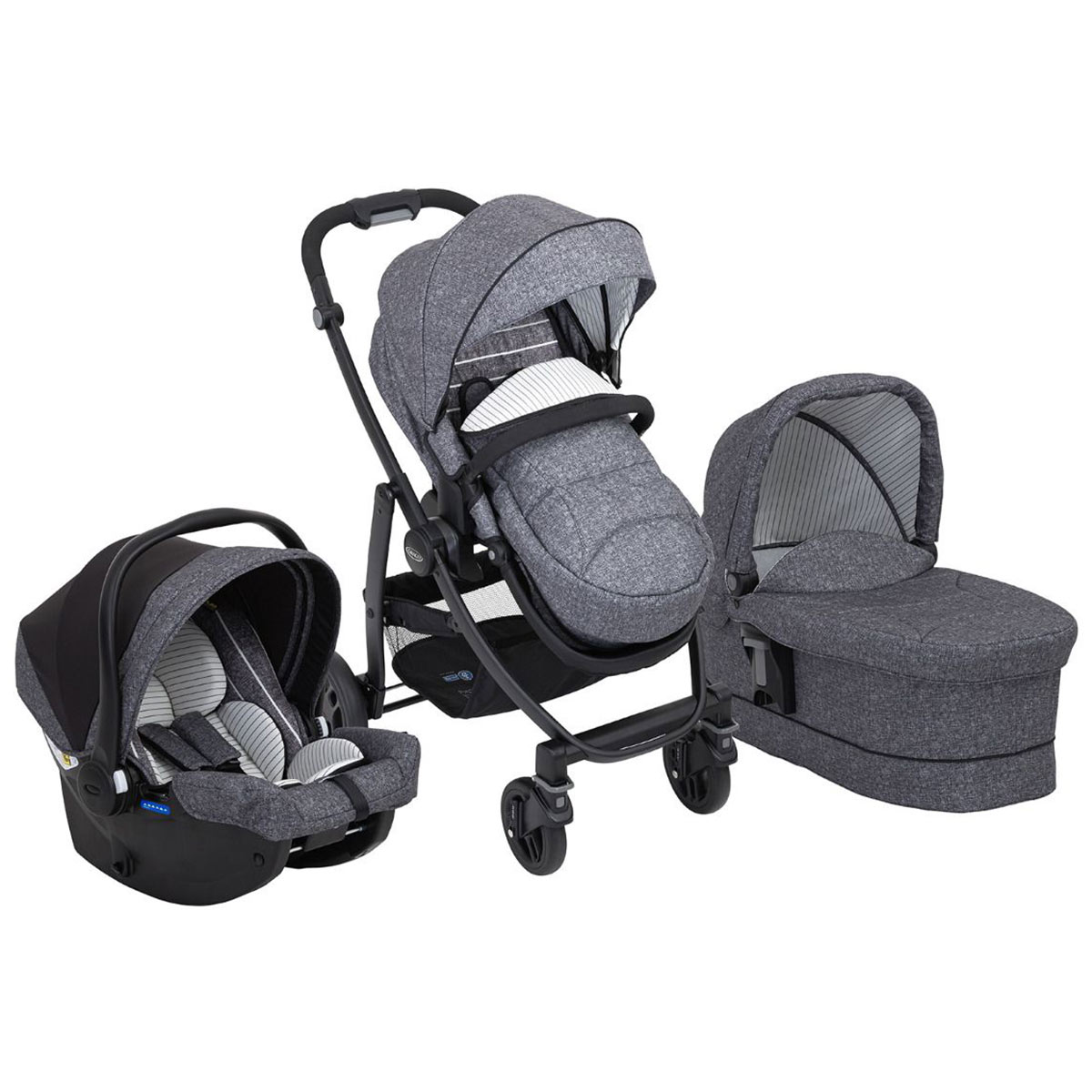 Graco Evo Trio, Betthimmel, Traditioneller Kinderwagen, Unisex, Faltbar, Grau