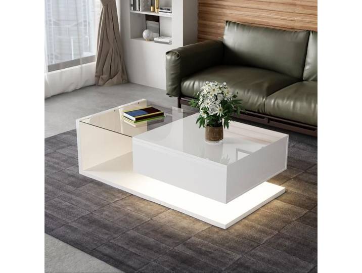 Luscriate - table basse rectangulaire design moderne avec LED et étagère en verre - 105x55x32.5cm - blanc brillant