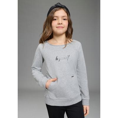 Sweatshirt BRUNO BANANI "mit lässigem Ausschnitt & Folienprint für Mädchen: BE YOURSELF", Mädchen, Gr. 128/134, graumeliert, Sweatware, Obermaterial: 90% Baumwolle, 10% Viskose, bedruckt, Basic, U-Boot-Ausschnitt, abgestepptes Bündchen, Sweatshirts...