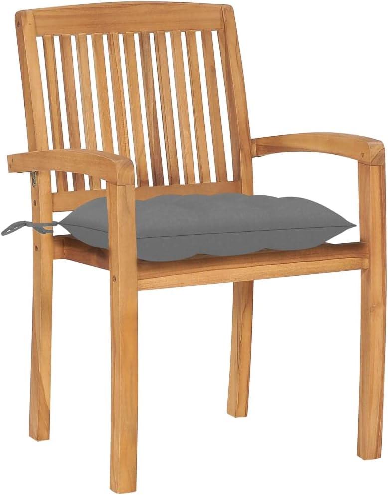 2er-Set Gartenstühle aus Teakholz mit grauen Kissen im Vintage-Stil, aus Massivholz, stapelbar, mit Latten-Rückenlehnen und geschwungenen Armlehnen für Komfort