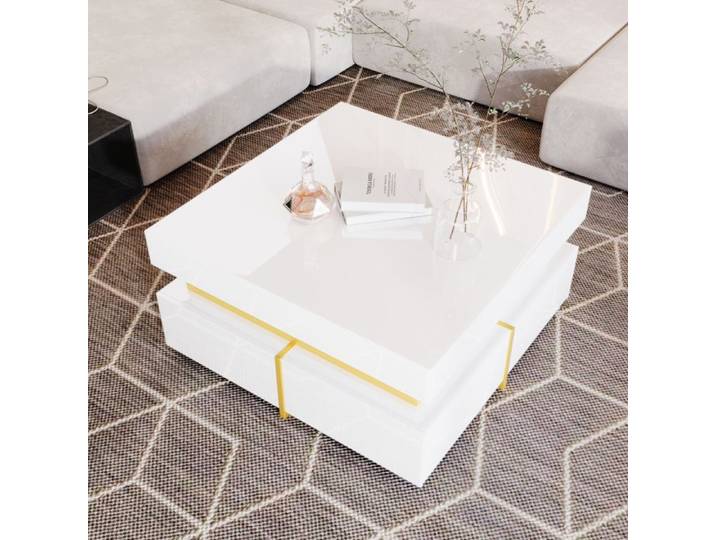 Table basse blanche laquée brillante avec 2 tiroirs et détails dorés
