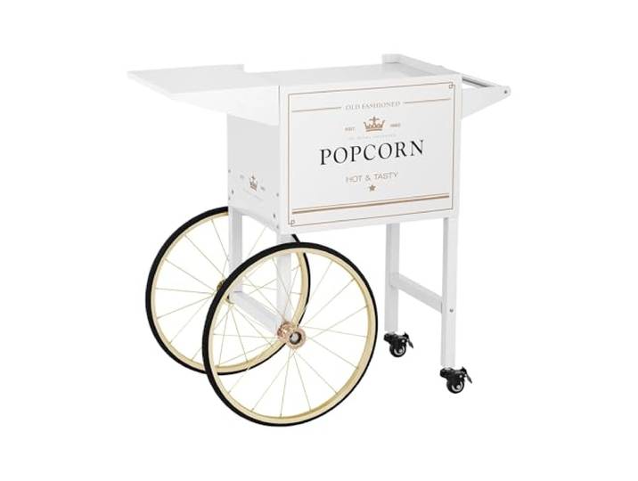 Royal Catering Popcornwagen mit Fach und Ablage im eleganten Retrodesign in Weiß & Gold Arbeitsfläche: 37 x 51 cm Arbeitshöhe: 88 cm 2 Bremsen Wagen für Popcornmaschine Popcorntrolley