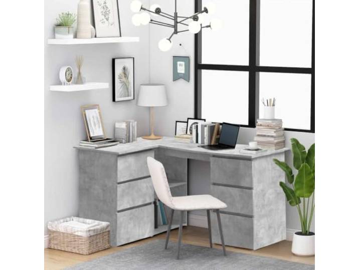 Eckschreibtisch Betongrau 145x100x76 cm Holzwerkstoff Eckform für kleine Büros, 4 Schubladen, 2 Einlegeböden mit Türen, 2 ohne Türen, leicht zu reinigen
