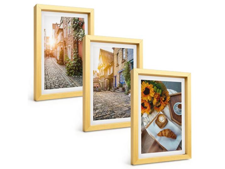 BILDER SET 3er Set - 20x30 cm Goldrahmen - Straßenkaffee Sonnenblumen
