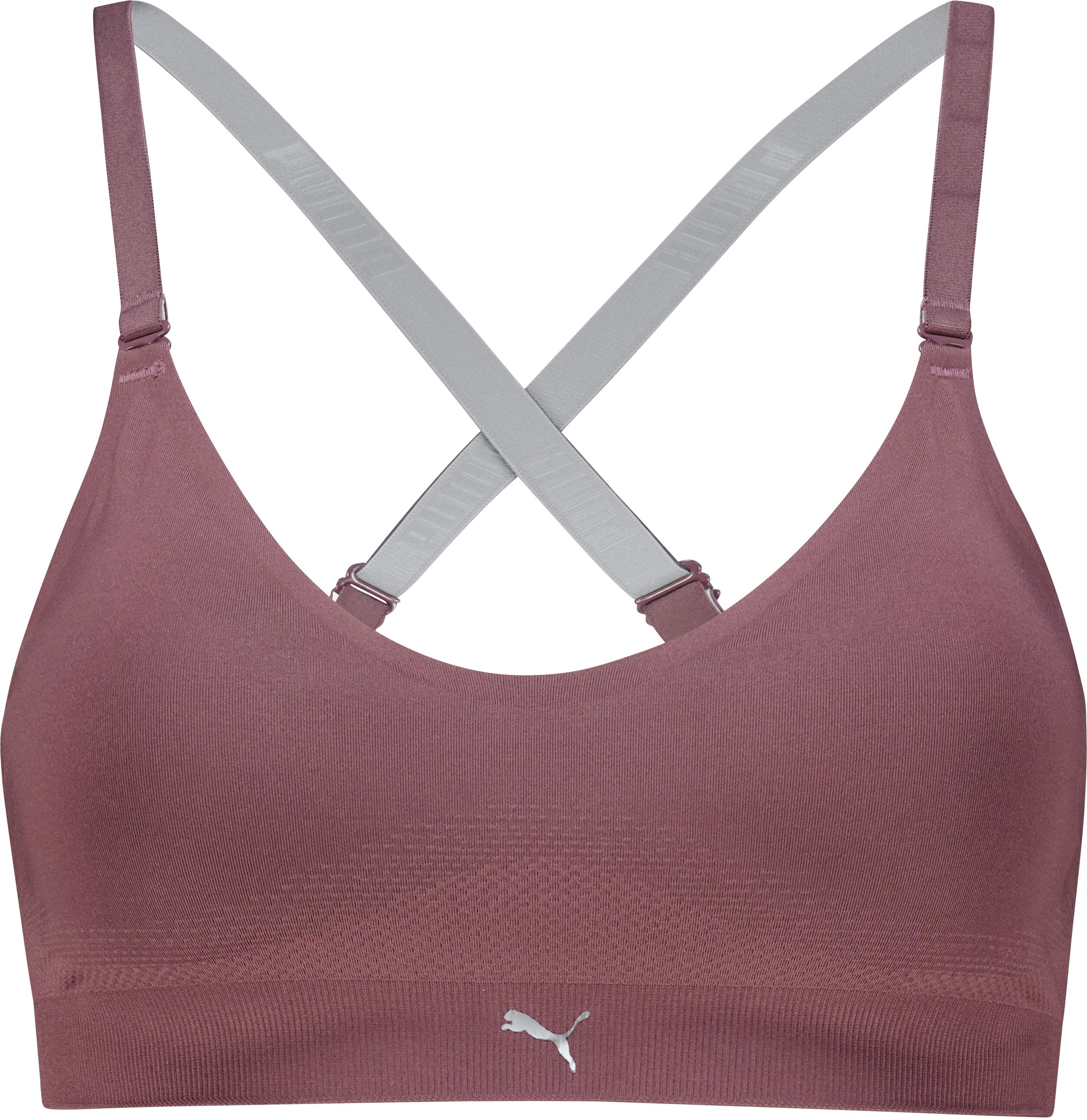 Sport-Bustier PUMA "PUMA WOMEN 3D KNIT SPORT TRIANGLE TOP 1P", Damen, Gr. L, N-Gr, lila (rich cocoa), Feinstrick, Obermaterial: 89% Polyamid, 11% Elasthan, BHs Sport-Bustier, wendbare und verstellbare Träger für einen personalisierten Look
