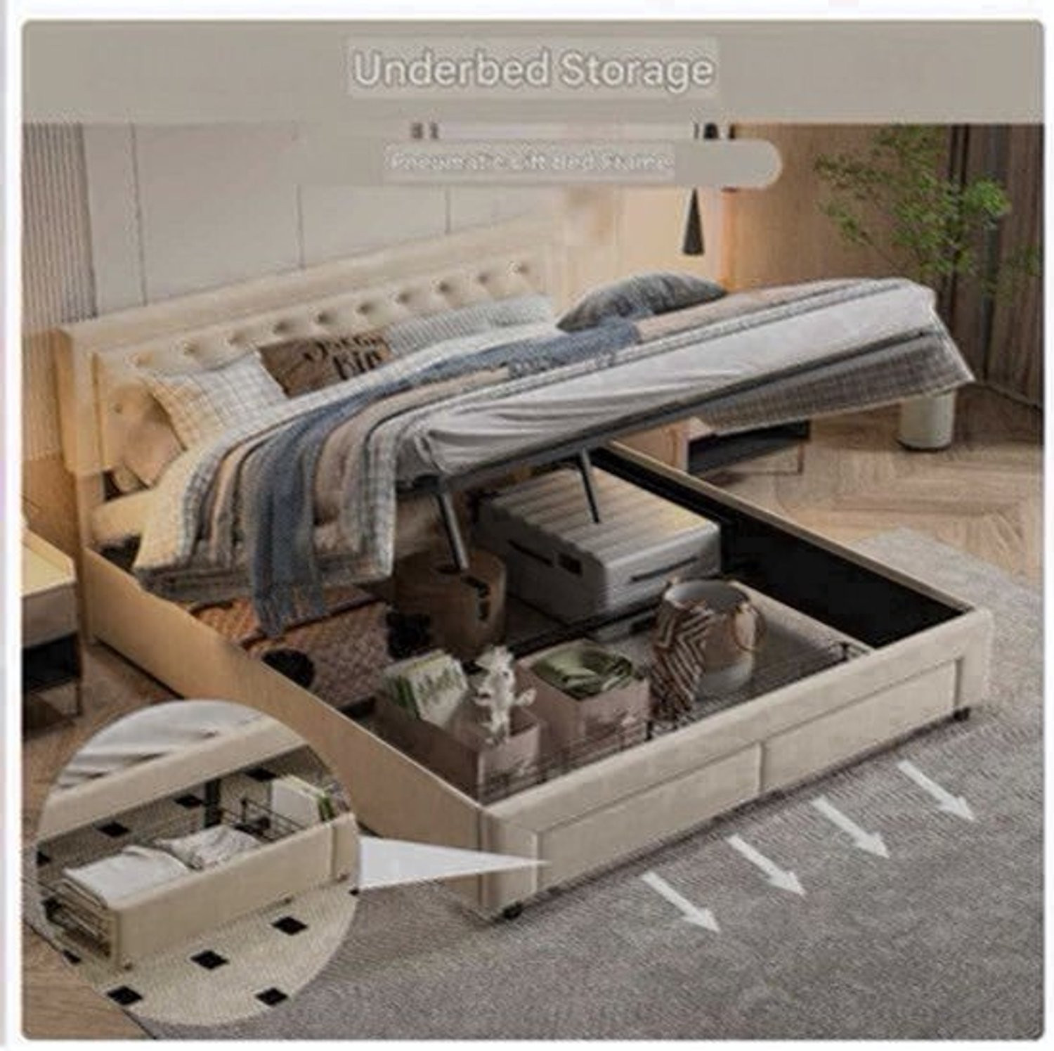 Merkloos Slaapbed met opberglades en verstelbare hoofdsteun, Velvet bekleding, 160 x 200 cm