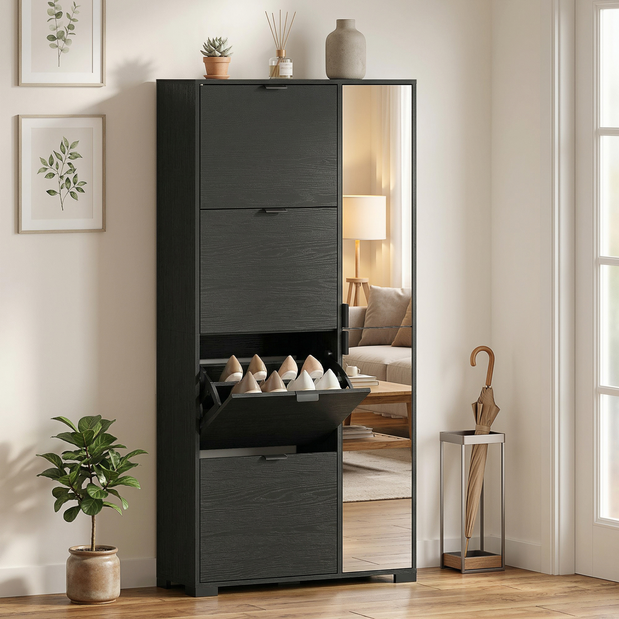 Homcom Scarpiera con Specchio, 4 Cassetti Ribalta, Scarpiera Ingresso, Nero   Aosom Italy