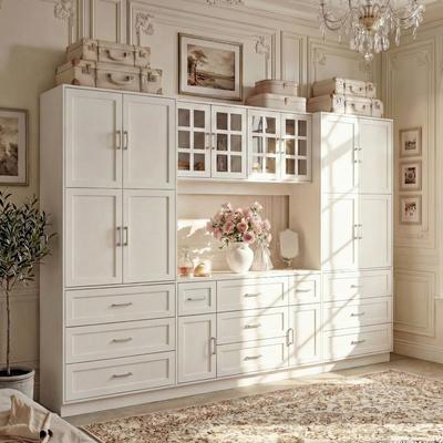 FUFU&GAGA Large White Painted MDF Bookcase Cabinet with Shelves and Drawers for Kitchen or Study