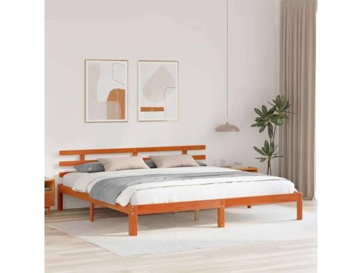 Bettgestell Kiefer massiv braun gewachst 203,5 x 205,5 x 69,5 cm Leise Plattform, Kopfteil im Lieferumfang enthalten, robuste Halterung, einfache Wartung