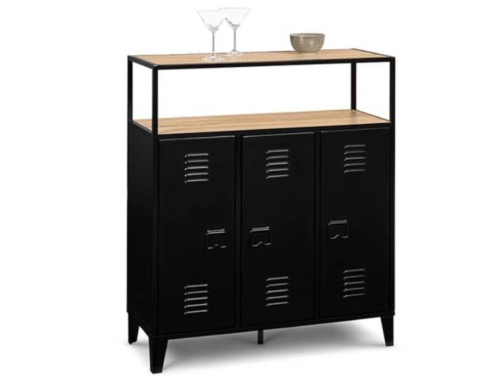 IDMarket - Barmöbel Buffet Ester 3 Türen aus schwarzem Metall Platte in Buchenholzoptik