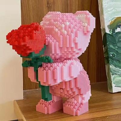 JoyToys Cute Pink Flower Teddy Bear Building Blocks DIY Building Block Toy For Kids And Desk Decor pink