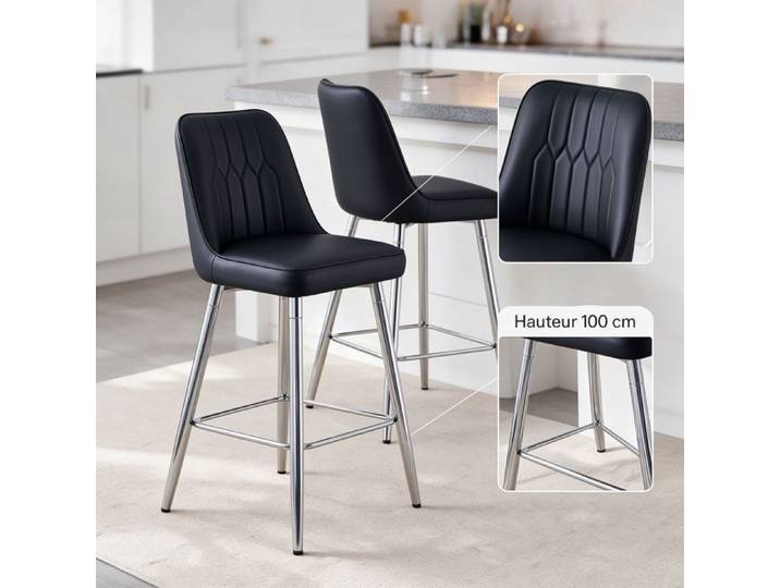 URTR Lot de 2 Tabouret de bar ergonomie - Chaise haute 42x45x100cm - Avec repose-pieds - En PU et cadre métal argenté - Noir