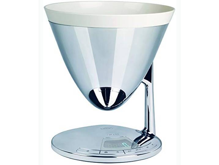 BUGATTI, Uma, Digitale Küchenwaage mit Timer, elektronischem Display, abnehmbarer Wiegeschale für Lebensmittel, maximale Kapazität 3 kg, elegantes Design (Chromfarbe)