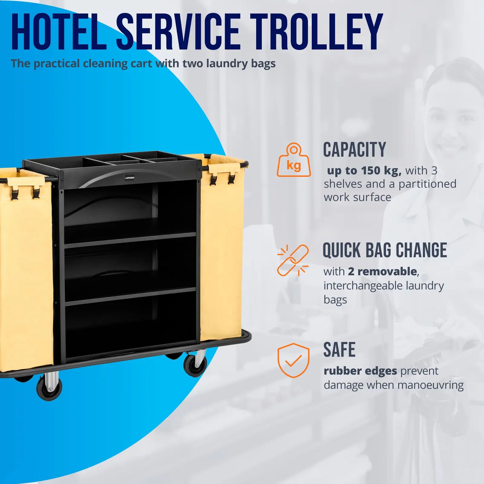 Uniprodo Carrello biancheria hotel - 150 kg - 2 sacchi biancheria UNICLEAN 142B