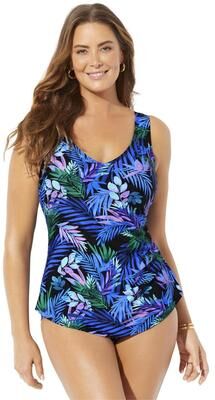 Sarong Front One Piece Swimsuit by Swimsuits For All in Blue Pink Floral (Size 26)