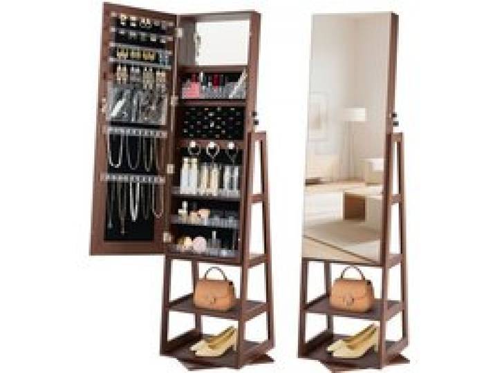 VEVOR 360° drehbarer Schmuckschrank (155 mm hoch) mit Ganzkörperspiegel mit Stauraum, Schmuckschrank-Organizer mit 2 Schlüsseln & Zubehörtaschen & Ablagefächer, Schmuckaufbewahrung
