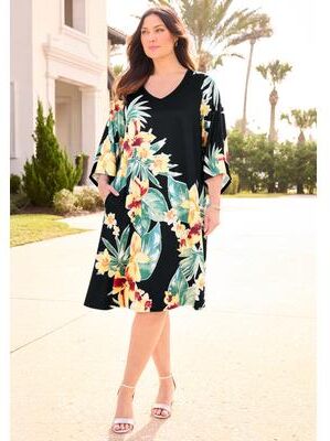 Plus Size Women's Angel Sleeve V-Neck Shift Dress by Catherines in Black Placed Hibiscus (Size 0X)
