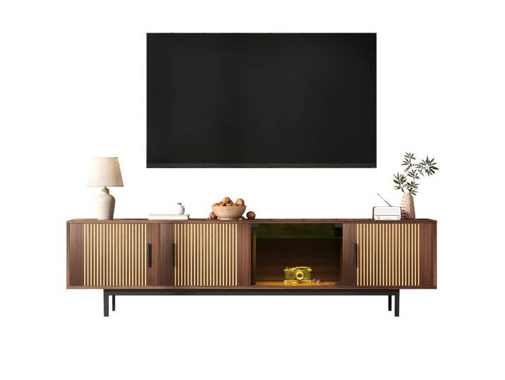 Modfu Tv-Lowboard aus MDF und Holzwerkstoff 200x35x53 cm Schwarz/Walnussbraun mit LED-Lichtleiste und modernem Design, 200x53x35 cm, Wohnzimmer, TV Möbel, Lowboards, Lowboards stehend