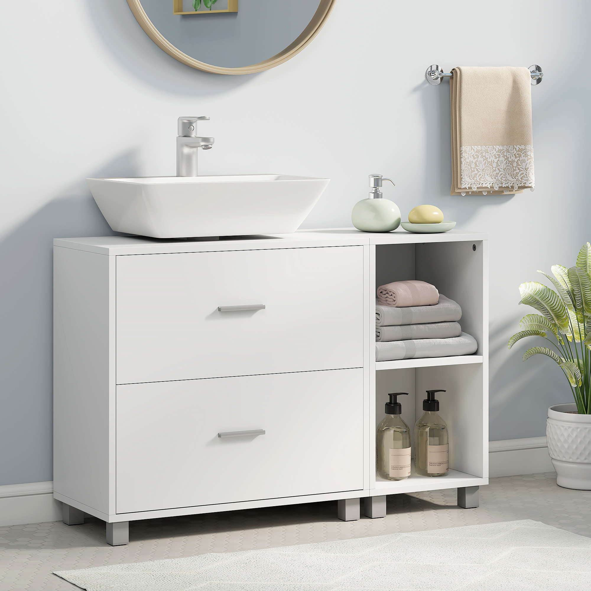 Homcom Mobile Sottolavabo Bagno con 2 Cassetti e Ripiani Aperti, in Legno, 90x30x60 cm, Bianco   Aosom Italy