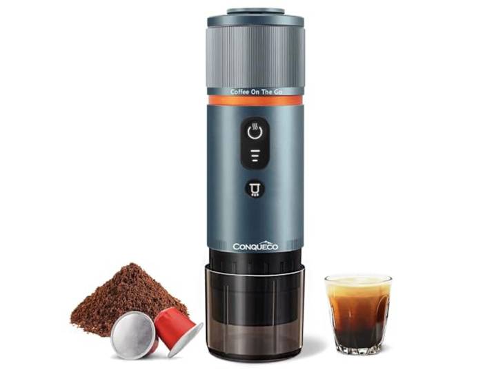 CONQUECO Kaffeemaschine Auto Espressomaschine 12v: Tragbare Akku Espresso Maker für Camping Reise - Mini Mobile kapselmaschine Unterwegs fur Wohnmobil Lkw - NS Kapsel Kompatibel (Rauchblau)