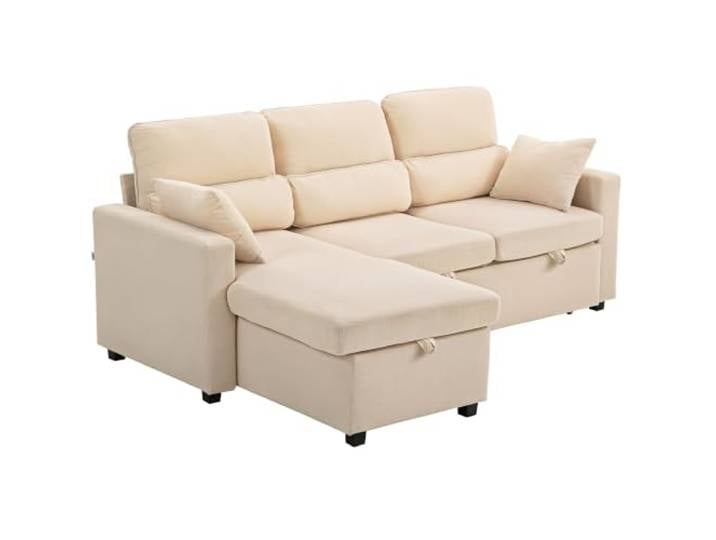 HOMCOM Ecksofa mit Schlaffunktion Schlafsofa mit Bettkasten Beige L-Form Sofa, Kissen, 3-Sitzer, Wandelbare Eckcouch mit Cordoptik, Schlafcouch für Wohnzimmer, Gästezimmer